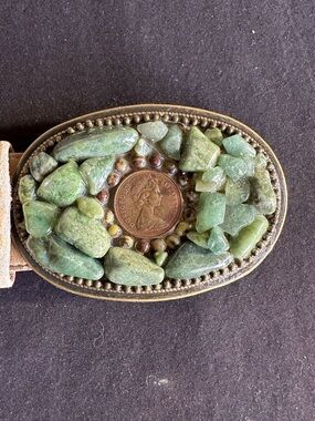 Vtg Artisan Belt Buckle Green Aventurine Stone Queen Elizabeth II 1971 Handmade